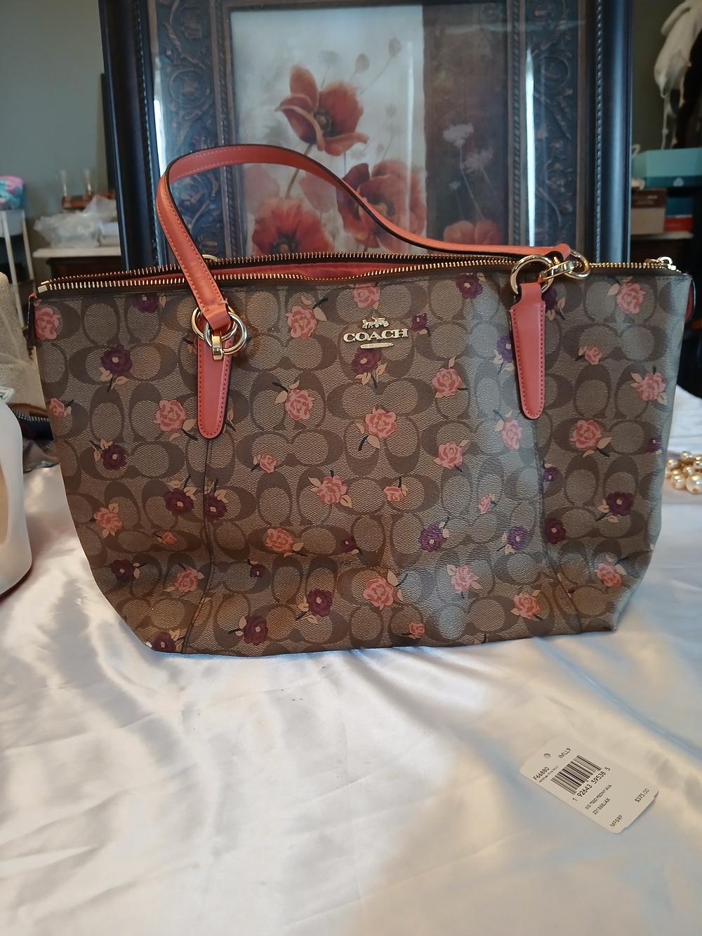 Coach Signature Floral Tote in Brown with Pink and Purple Accents
